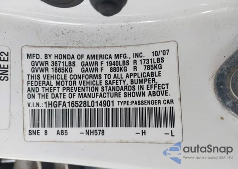 2008 Honda Civic Lx из США, поврежденный, VIN 1HGFA16528L014901